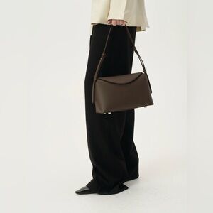 Freja Structured Dark Brown Shoulder Bag with Curved Flap